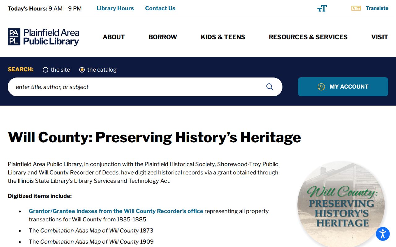 Digitized 1835 to 1885 Will County deed indexes used for early Plainfield property research
