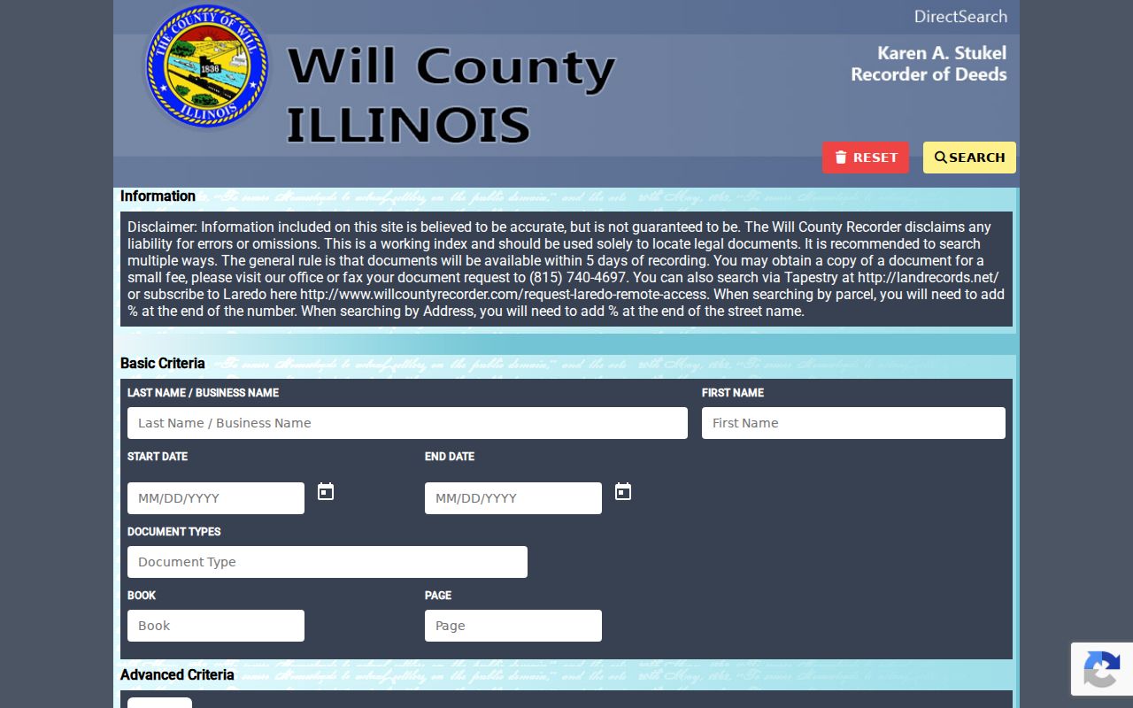 Will County Recorder Direct Search for tracing previous Plainfield property owners