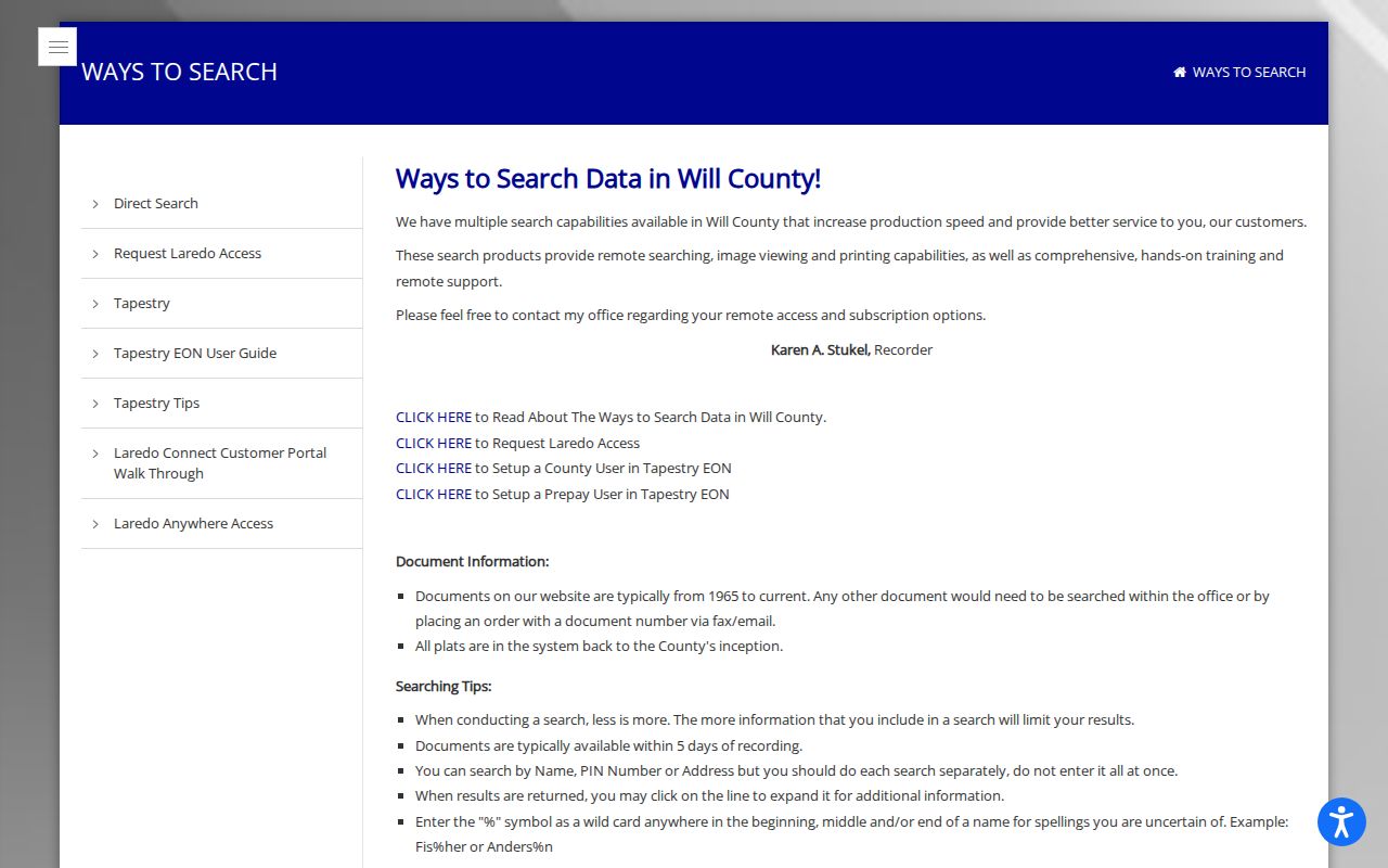Will County Recorder search instructions for Plainfield deed and address history