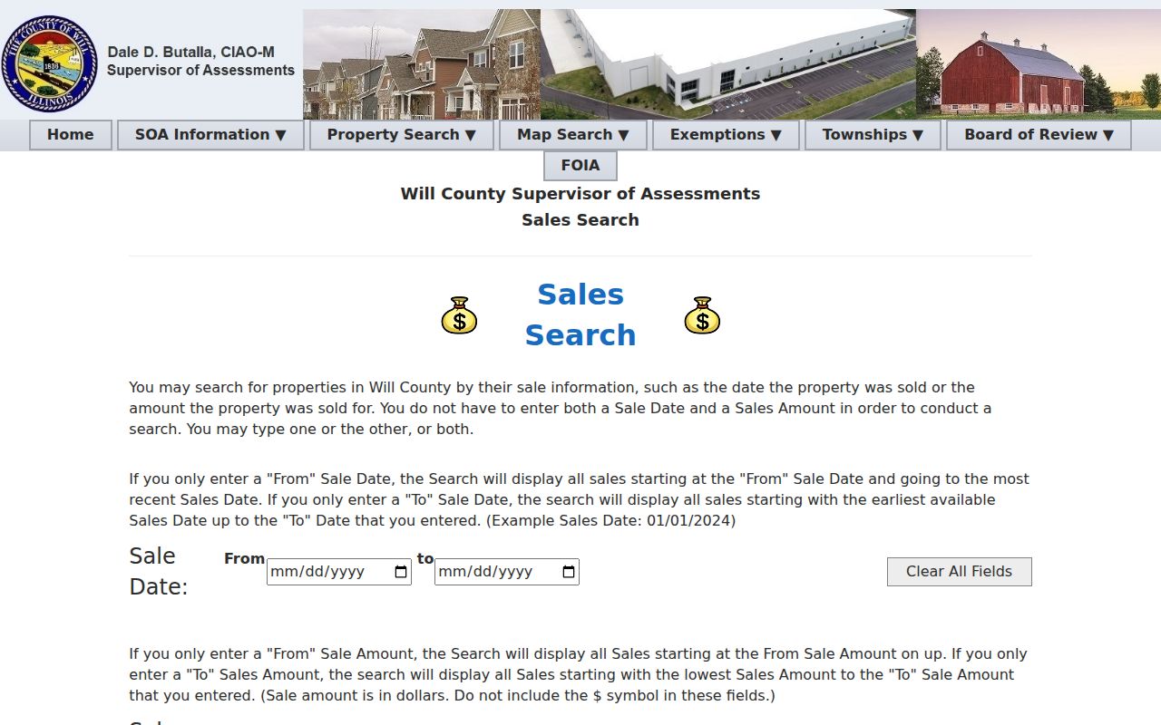 Will County property sales search used to locate dated Plainfield parcel events