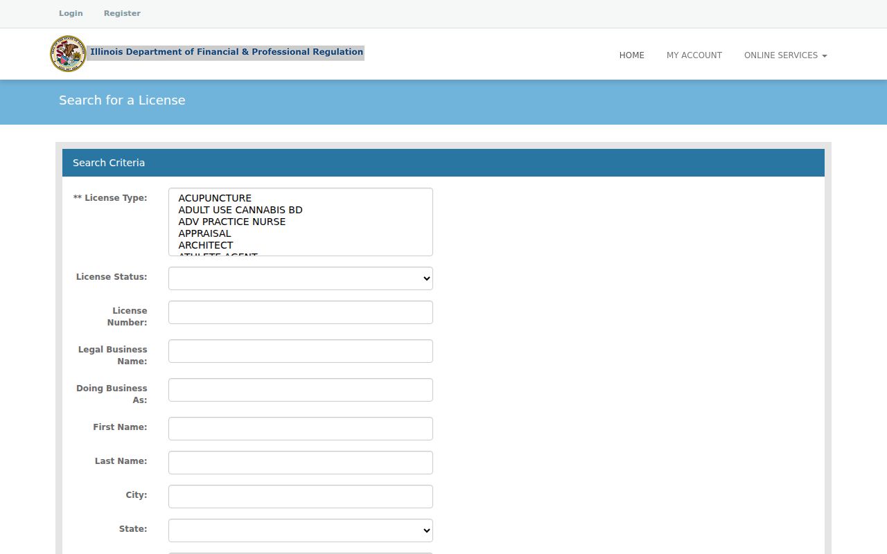 Plainfield resident lookup in the Illinois professional license search
