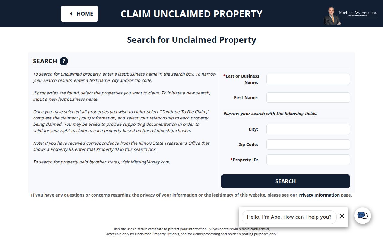 Plainfield resident lookup using the Illinois unclaimed property form
