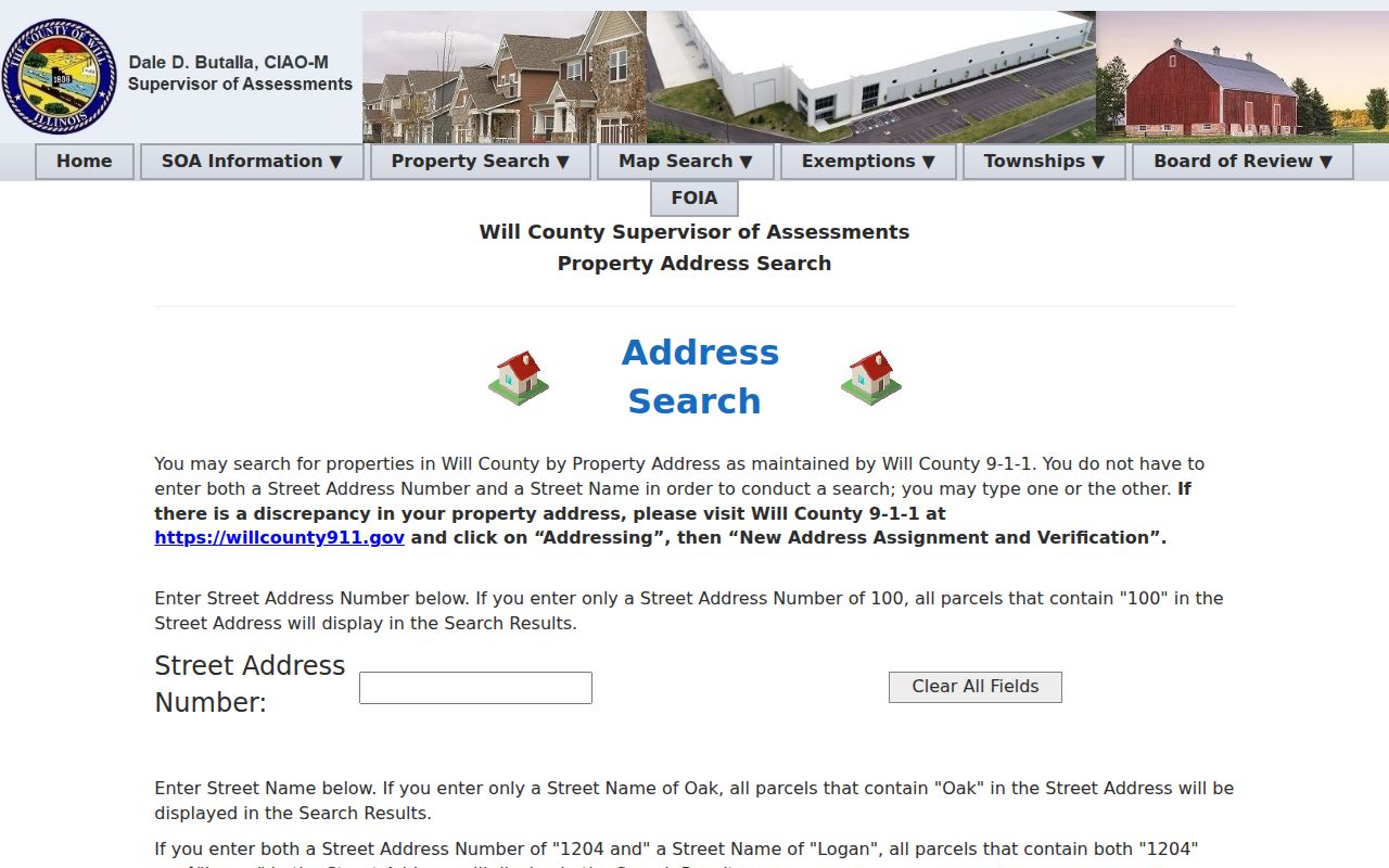 Will County address search fields for a Plainfield street