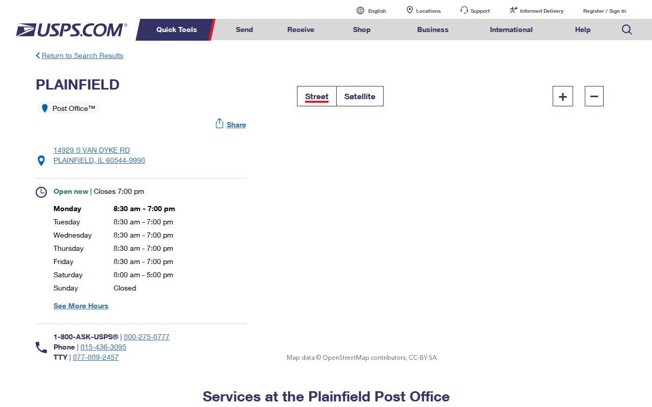 USPS Plainfield Post Office details showing the 60544 facility